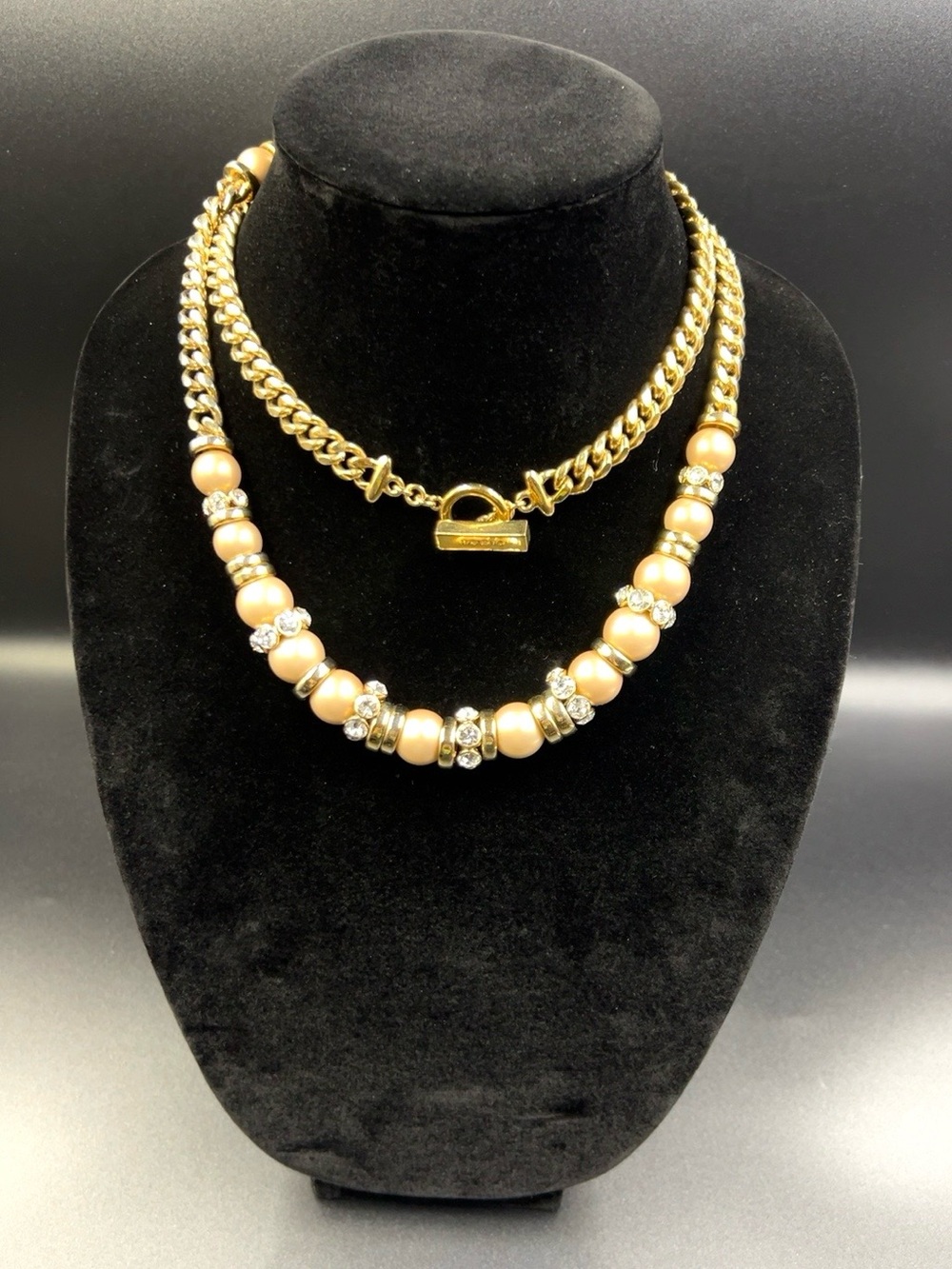Vintage GIVENCHY Gold Tone Champagne Faux Pearl Crystal Statement Necklace